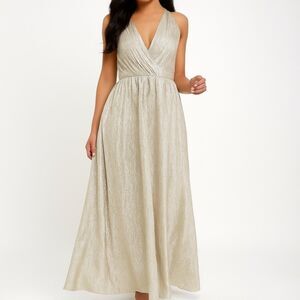 Lulus All that Shimmers is Gold Light Gold Maxi Plunging Neck Dress Size XS